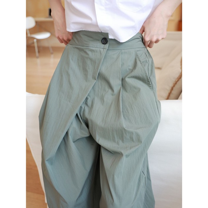 바이올렛 여성용 허리밴딩 랩디테일 와이드핏 면팬츠 카키컬러