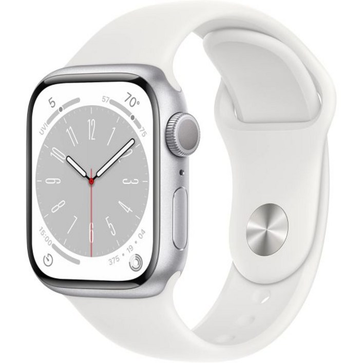 Apple Watch 시리즈 8 GPS, 41mm  흰색 스포츠 밴드가 있는 실버 알루미늄 케이스, ML갱신