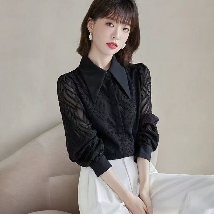 AURALA 여성블라우스 가을 겨울 기모 빅사이즈 루즈핏 패션 결 프린트 칼라 긴팔 상의