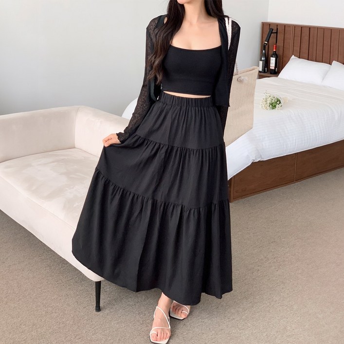 캉캉 밴딩 스커트 A라인 플레어 주름 롱스커트
