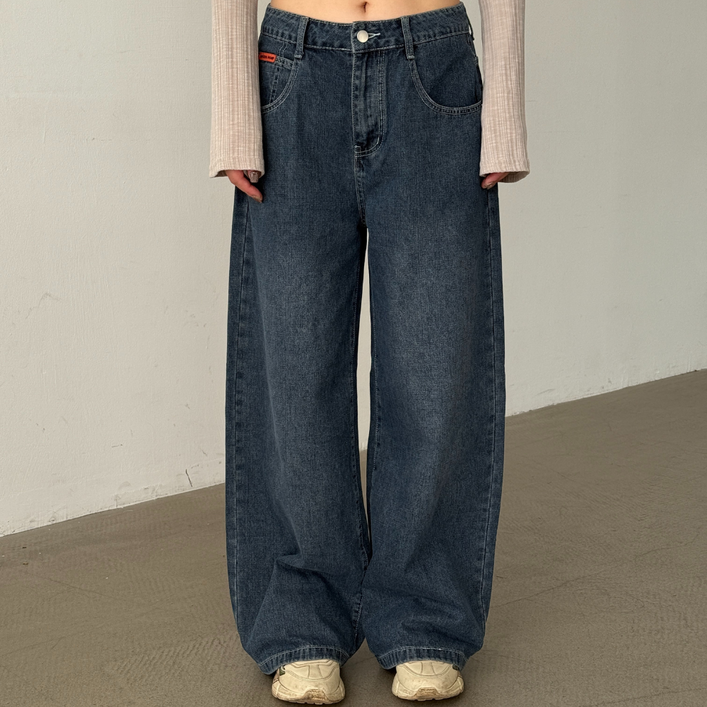 에미올 데일리 빅포켓 워싱 통 세미 와이드 레그 데님팬츠 EPJN007