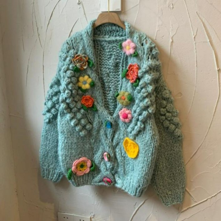 독특한 노르딕 손뜨개 가디건 플라워 꽃무늬 뜨개 빈티지 니트 스웨터