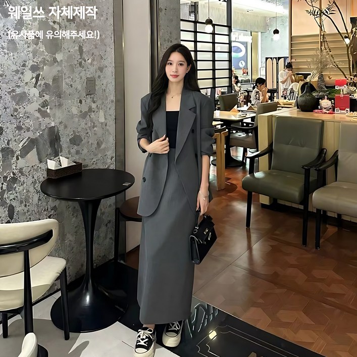 [웨일쓰] 여성  봄 여름  오버핏 정장 자켓 치마세트 트위드 투피스 루즈핏 하객룩 출근룩 가을 직장인장장 롱스커트 면접 캐주얼 트렌치 셋업 수트 투피스