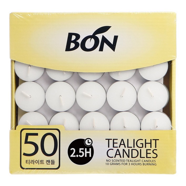 티라이트 100개 (50x2팩) 2.5시간연소 BON Candle 무향 하양(흰색) 양초