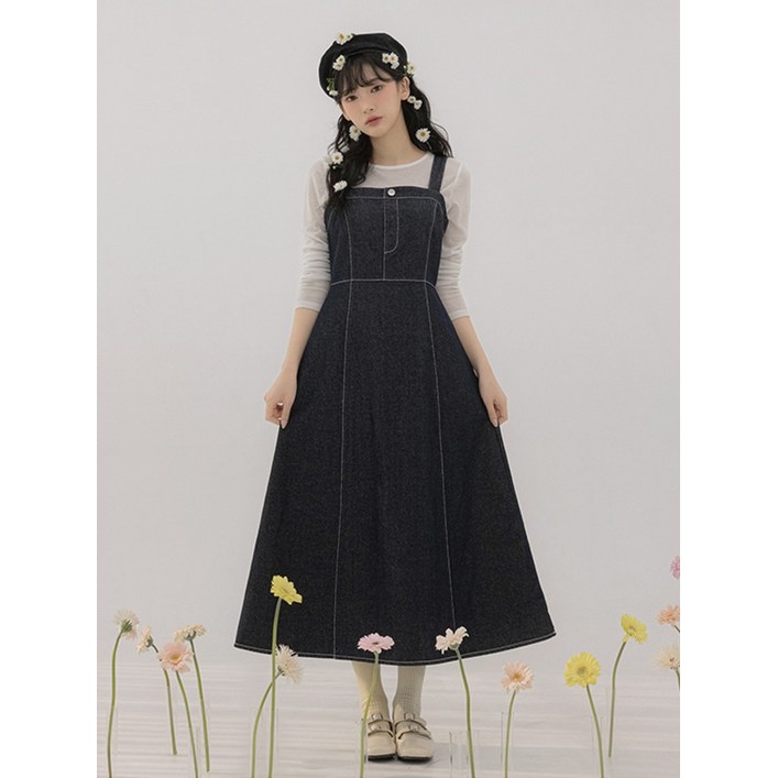 리리앤코 라크펜드 데님 스티치 뷔스티에 롱 원피스 끈조절