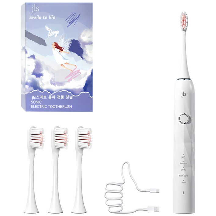 JLS 최신형 스마트 음파 전동칫솔 본체휴대케이스칫솔모 4개 200일 사용시간, T6, 화이트, 1개
