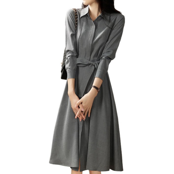POMTOR 여성 긴팔 원피스 오피스룩 미디원피스 정장 하객 셔츠원피스