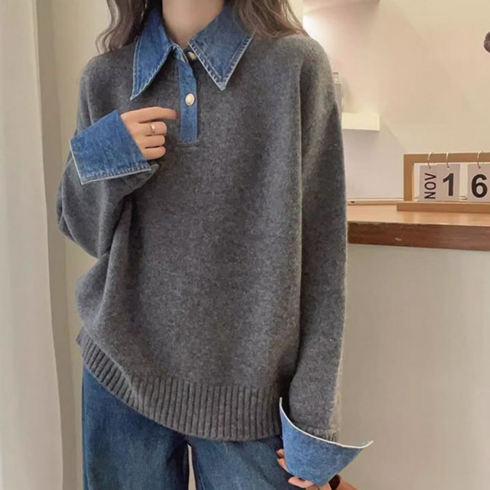 SELEAD 여성 카라넥 데님 패치워크 긴팔 니트 티셔츠 루즈핏  데님 청 카라