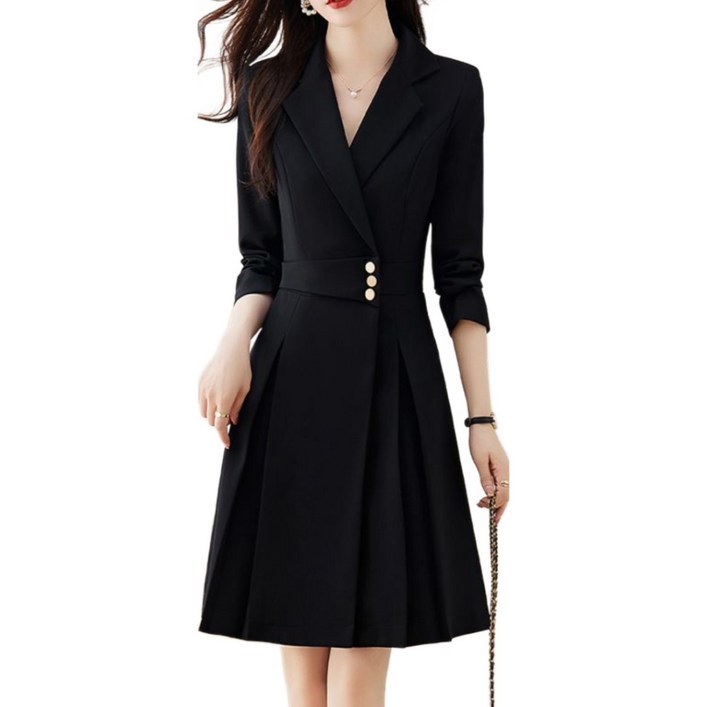 COSYEVNO 정장 원피스 패션 허리 조임 슬림핏 통근 비즈니스 여성 긴팔 A라인 미디스커트