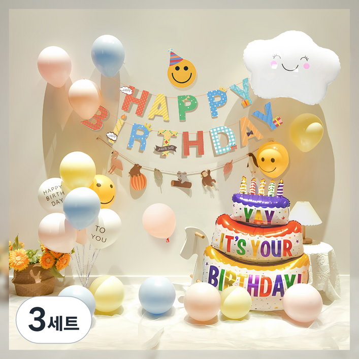 원그리드 생일 파티 풍선 세트, 3세트, 클라우드케이크