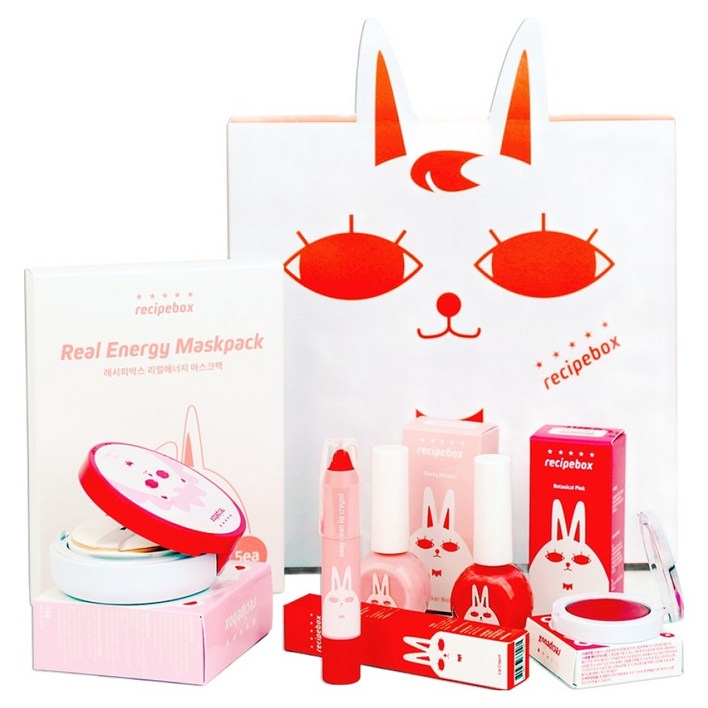 레시피박스 어린이 화장품 5종 선물세트  선물박스, 매니큐어 2p  선쿠션  립크레용  블러셔  마스크팩 5p  선물박스, 1세트