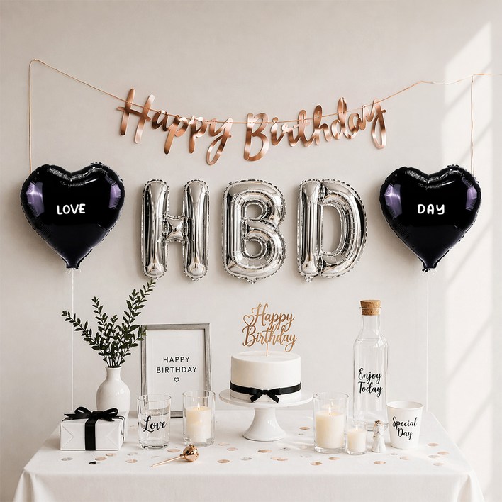 파티쇼 HBD 이니셜 생일 생일가랜드 파티용품 호일풍선 세트, 실버풍선, 1세트