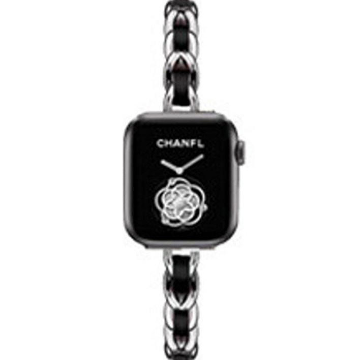 루아러블 애플워치 슬림 가죽 체인 메탈 스트랩, 실버  블랙, 1개