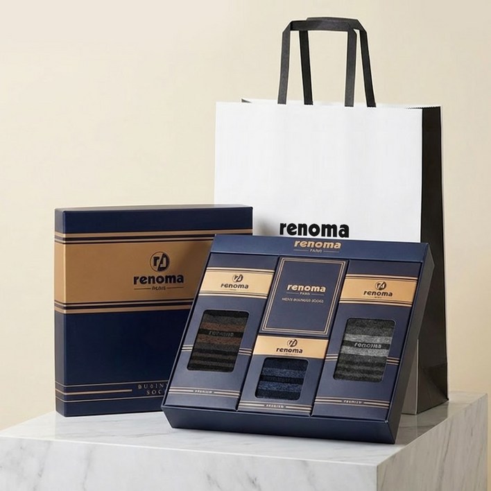 레노마 남성용 정장 링글 중목 양말 3종 선물세트  쇼핑백