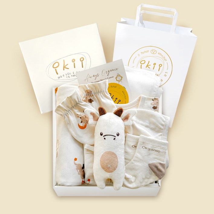 ikii 신생아 오가닉 긴소매 바디슈트 귀여운 용 7종 출산 선물세트  쇼핑백