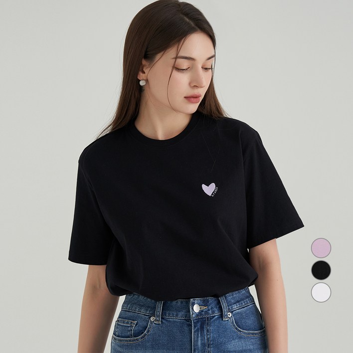 ELLE PARIS 하트 자수 순면 반팔 티셔츠