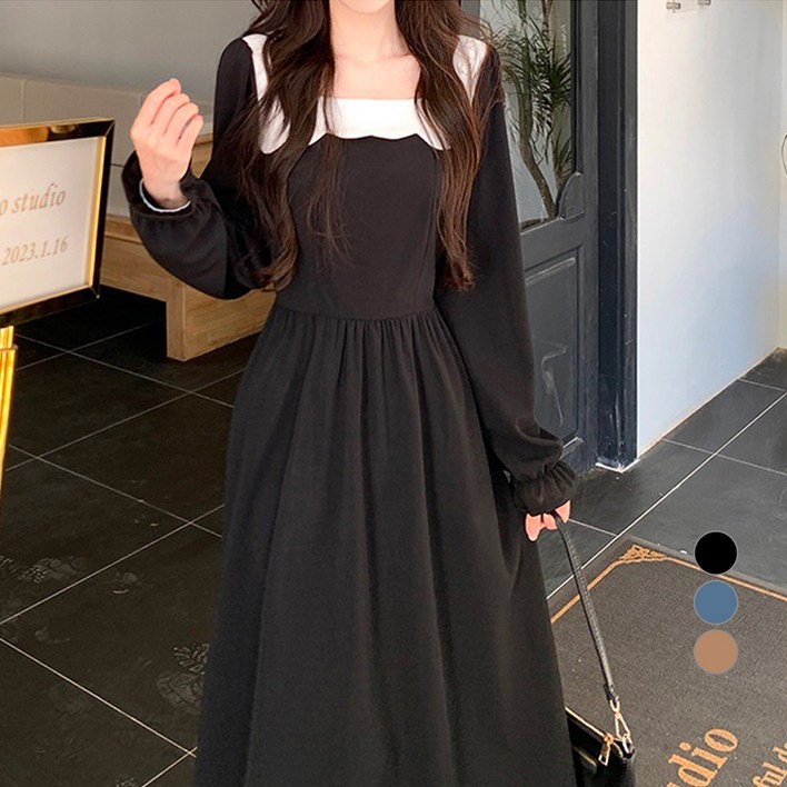 엘쏘 스퀘어넥 프릴 카라 롱 스커트 원피스 빅사이즈 포함