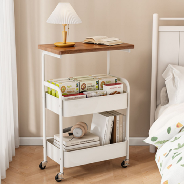 오브민 360도 회전 이동식 철제 테이블 주방수납 트롤리 3단, 화이트  월넛, 3단