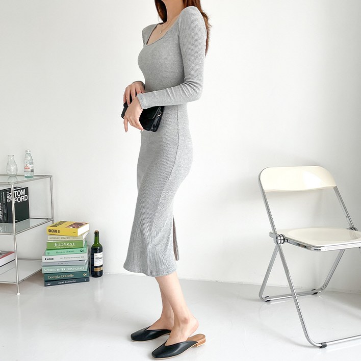 이지스튜디오 여성용 소프트 골지 스퀘어넥 롱 원피스