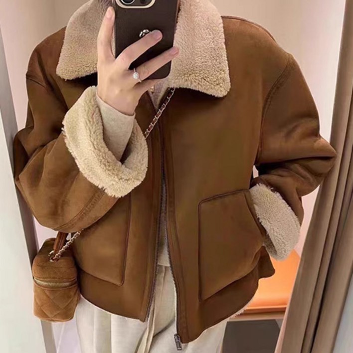 여성용 패션플로우 카라 무스탕 스타일 라이더 겨울 점퍼