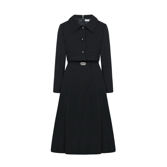 라인어디션 카라 벨티드 플레어 원피스