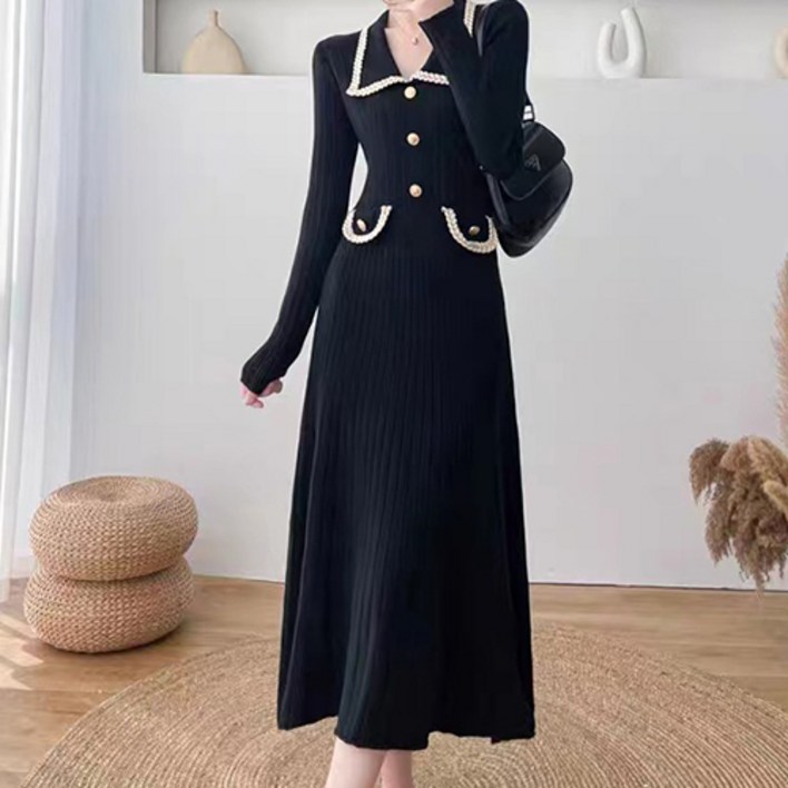 구디프 여성용 카라 골지 롱기장 버튼 데일리 하객룩 니트원피스