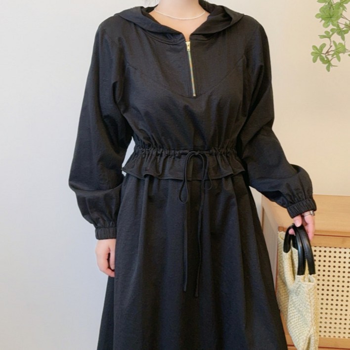 라라온 후드 반집업 프릴 허리 스트링 롱 원피스 25TSP3543