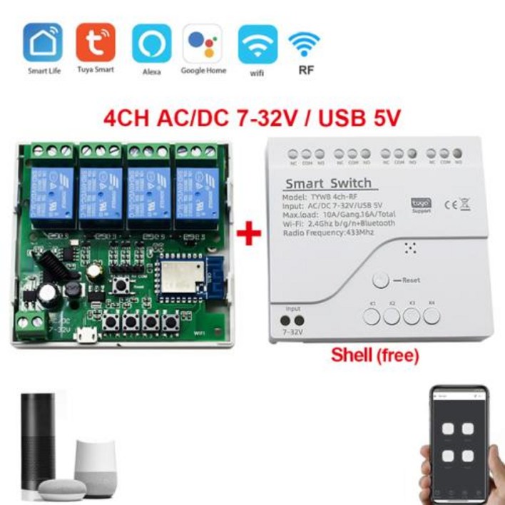 4CH Tuya 스마트 라이프 무선 와이파이 스위치 모듈 와이파이 앱 원격 제어, DC 12V 24V AC 220V RF 수신기 10A 스마트 릴레이 Alexa