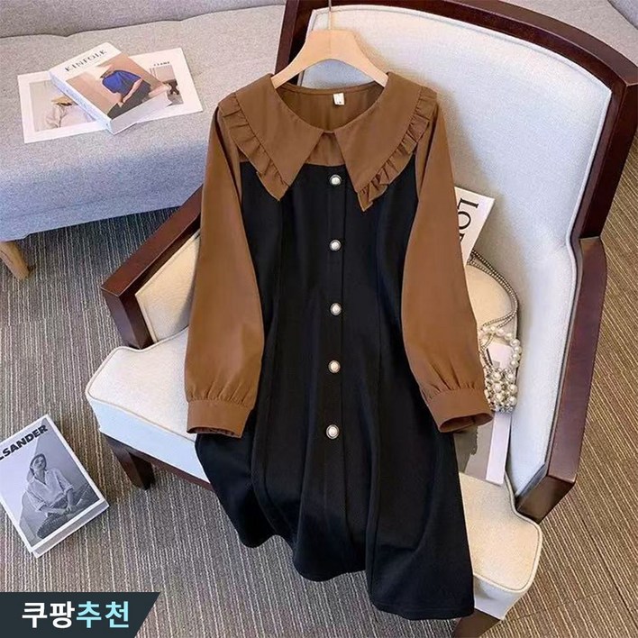 오스틱니 매진 임박 빅사이즈 여성 가을 긴팔 숄카라 클래식배색 긴팔 편한 추천 빅카라 루즈핏 간절기 미시 마담 큰언니 세련미 큰옷 여성의류 배색  데일리 롱원피스