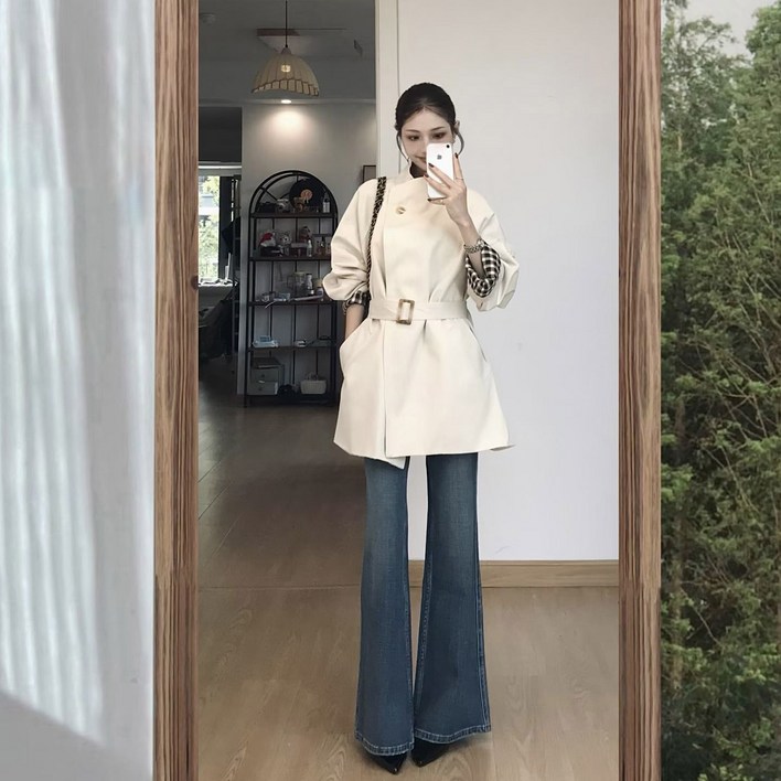 베이지색 원버튼 트렌치코트 여 가을 분위기 고급스러운 벨트 여밈 슬림핏 케이프코트 fyny010