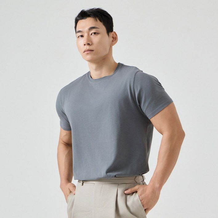 맥스모어 순면 라운드 스판 머슬핏 무지 남자 반팔티