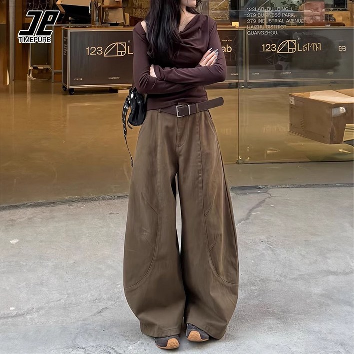 TIMEPURE 여성 워크웨어 커브드 데님 팬츠 하이웨이스트 와이드 핏