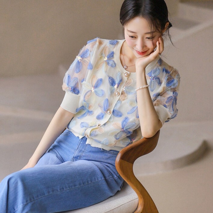 스타일온미 스타일온미  꽃잎 쟈가드 스팽글 샤레이스 레이어드 니트 가디건