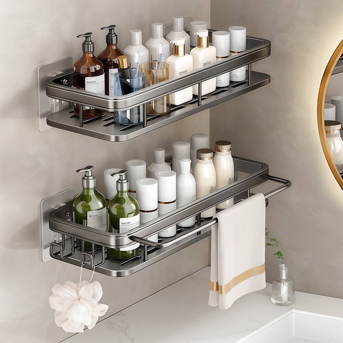 FIODAY 무타공 욕실선반 알루미늄 일자형 화장실 선반, 2개, 그레이