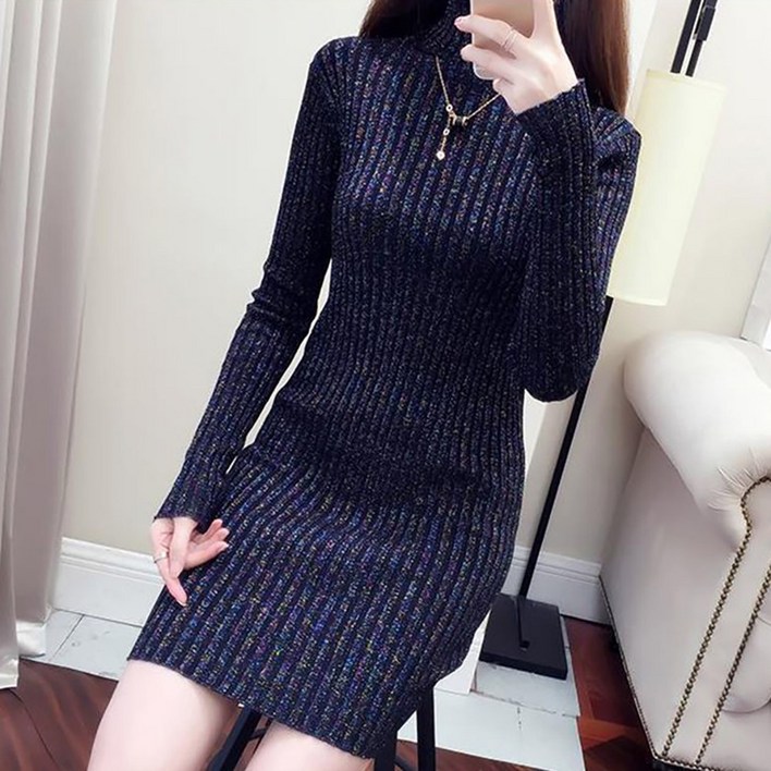 ROYALBELLE 여성 하이넥 긴팔 슬림핏 원피스 반짝이 디테일 니트 미니 원피스 I0102208