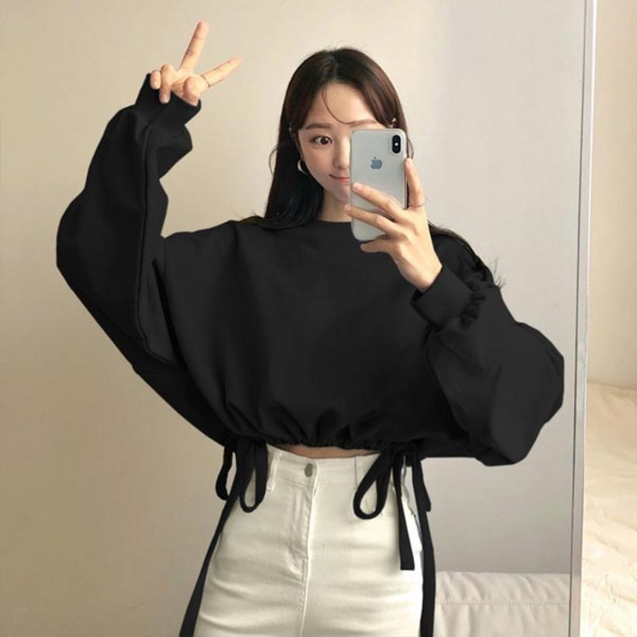 듀오리본크롭맨투맨 빅사이즈 오버핏 라운드 긴팔 데일리룩 여성용 박스티 봄 가을 신상