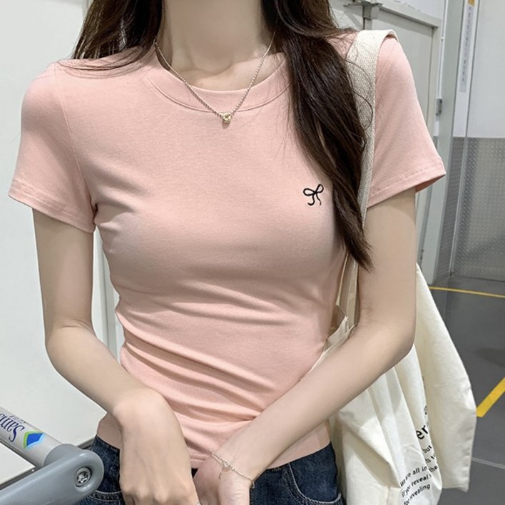 야오야오 리본 자수 슬림핏 크롭 반팔 티셔츠