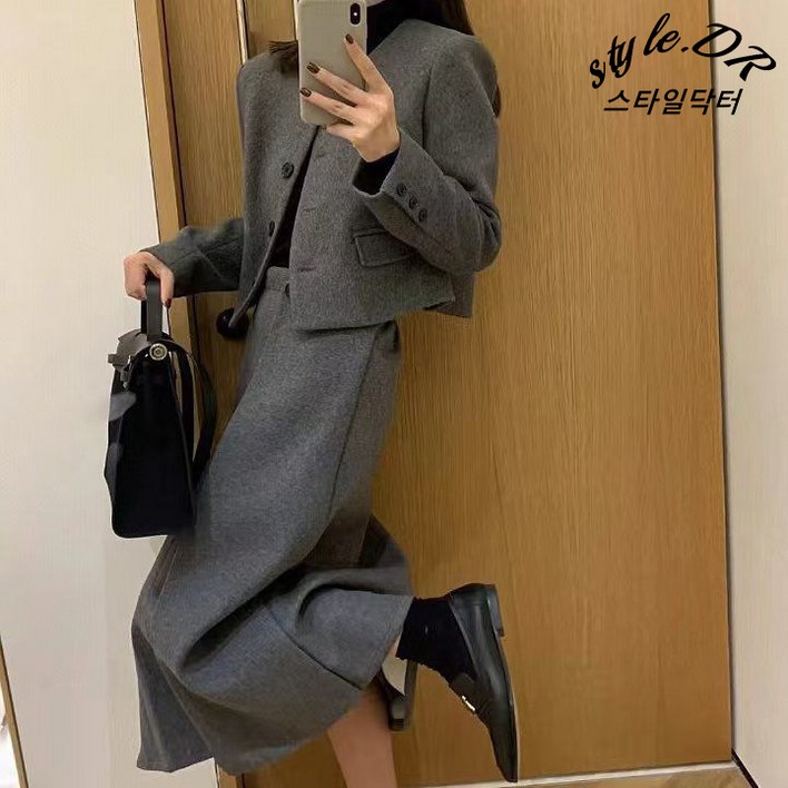 스타일닥터 여성 투피스 세트 긴팔 자켓하이웨이스트 스커트 세트 정장세트 데일리룩 하객룩 오피스룩 춘추 겨울용 출근복 상하 세트
