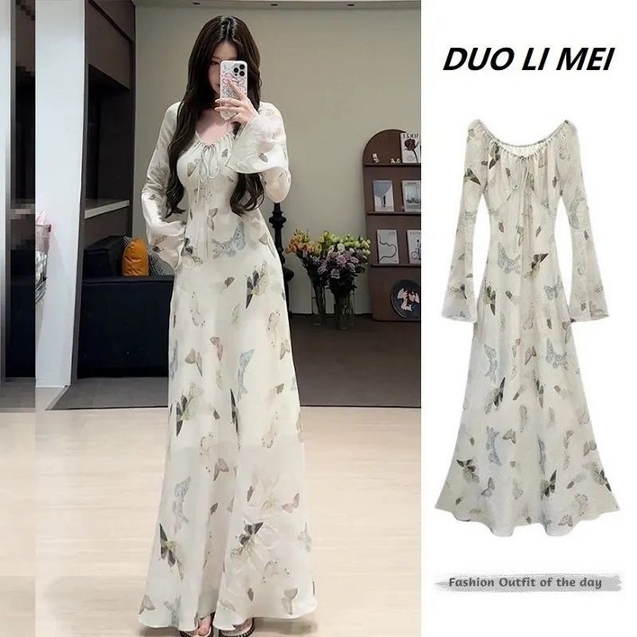 여성 긴팔 원피스 캐주얼 봄 가을 하이웨이스트 롱 치마 기질 여자 플라워 쉬폰 롱 원피스 LPC
