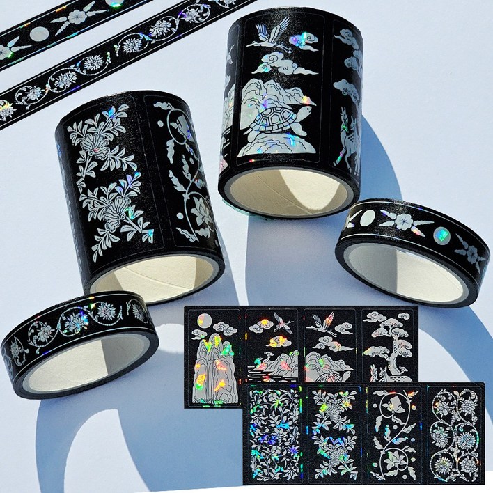 전통 홀로그램 자개 마스킹테이프 스티커 타입 4종  DIY 다꾸 다이어리 마테 한국기념품 자개공예, 모란 국화 넝쿨