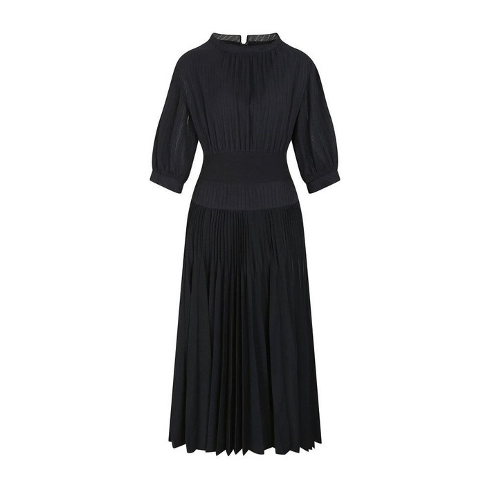 JJ지고트 니트 배색 벌룬핏 플리츠 원피스