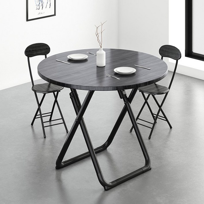 domiheat 다용도 접이식 식탁 테이블 접이식 의자, 블랙 원형 테이블+의자 2개