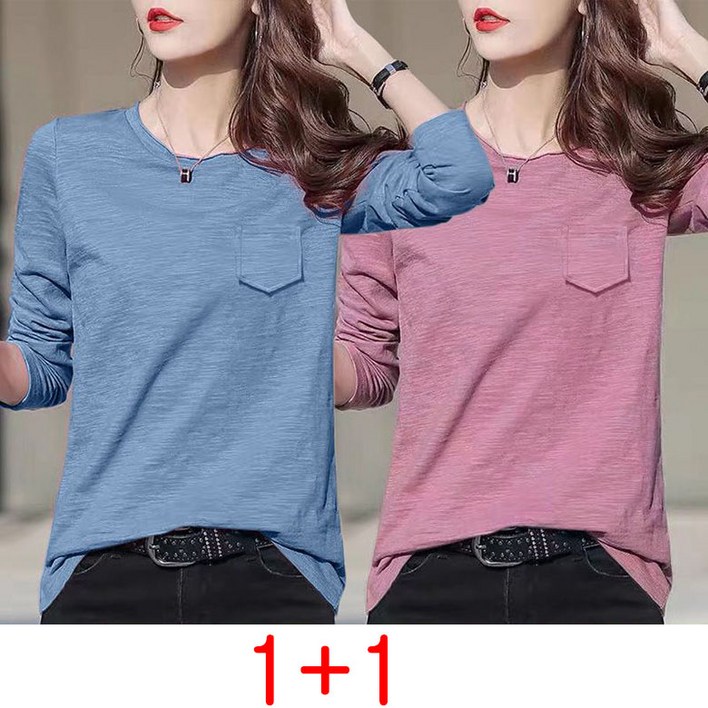 11 봄 가을 여름 긴팔티 면티 여성면티셔츠 투피스 슬라브 긴팔 티셔츠 빅사이즈 루즈핏
