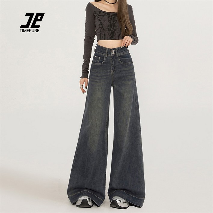 TIMEPURE 여성 빈티지 와이드 데님 팬츠 하이웨이스트 드롭핏 부츠컷