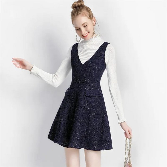 besteffie 여성 가을 겨울 레이어드 트위드 뷔스티에 미니 원피스 세련된 심플 스타일 빅사이즈 오피스 데일리룩 Q15