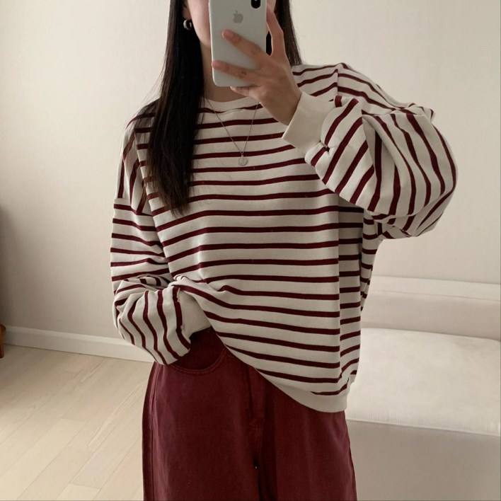 글로리원 여성 단가라 루즈핏 데일리 긴팔 티셔츠