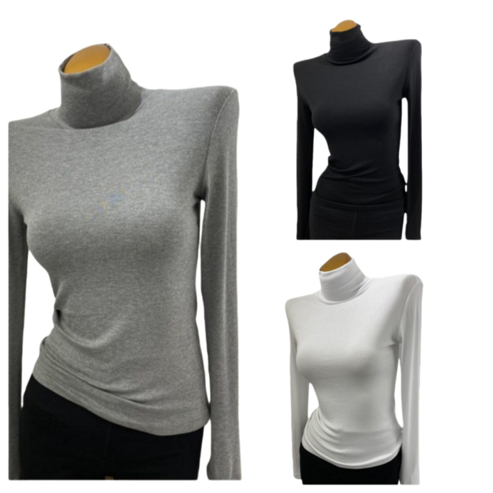 완전 편한 75kg까지 빅사이즈 111 여성 목폴라 스판 슬림 나사 긴팔 티셔츠 봄 가을 편한 심플 고급 기질 단아한 스키니 디자인 패션 소프트 기본티 캐주얼 3종 이너 티
