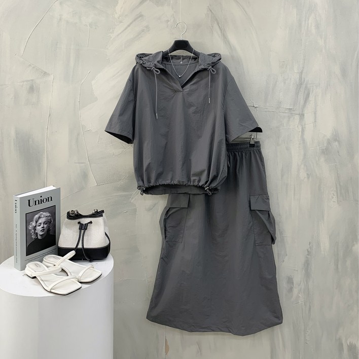 행복여 오픈 후드 스트링 카고 밴딩 스커트 세트