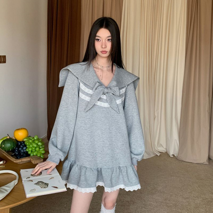 besteffie 여성용 오버핏 가을 겨울 긴팔 루즈핏 미니 원피스 데일리룩 편한