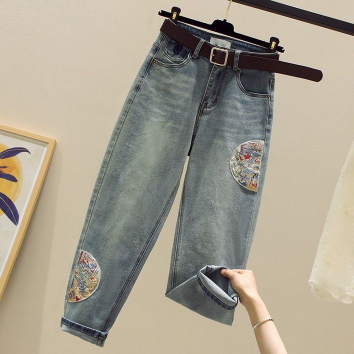 AOKADA 여성 배기 데님 팬츠 자수 루즈핏 가을 청바지